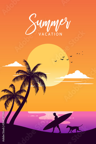 Tropical beach with palm trees and sunset in orange tone