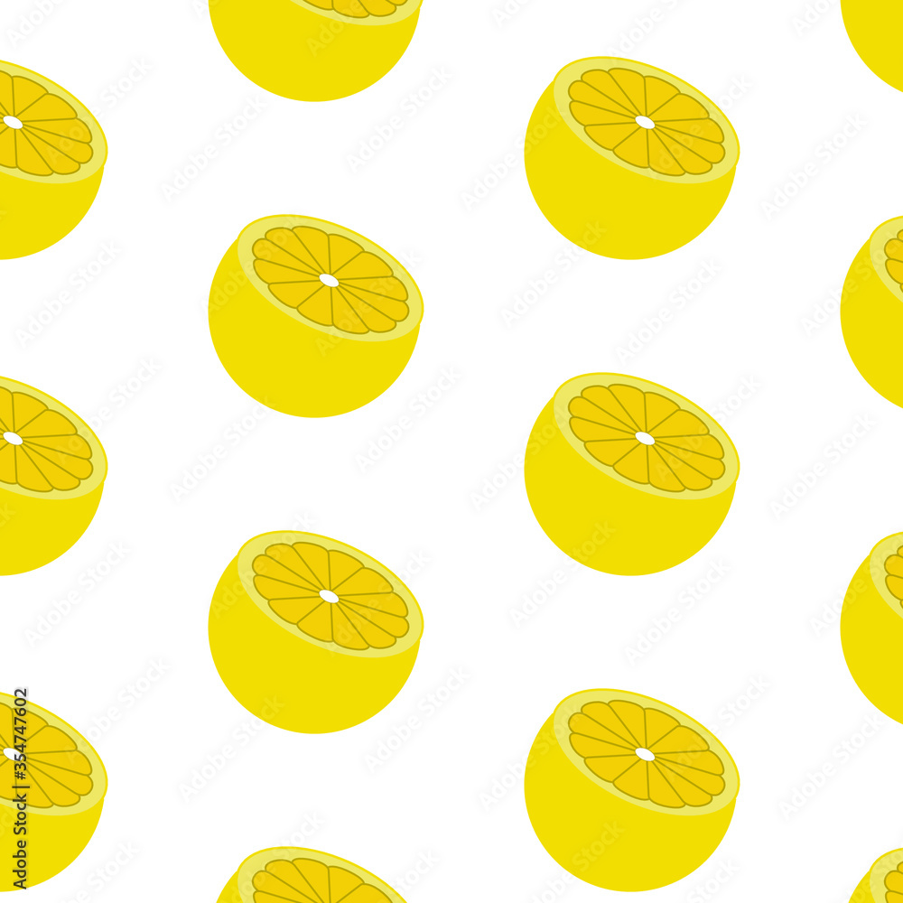 Vector flat illustration. Seamless pattern with lemon isolated on white. Design for textile, fabric, wrapping, scrapbooking, packaging, poster, banner, summer, tropical.