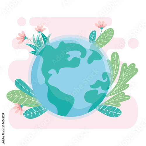 ecology world with flowers leaves save planet protect nature and ecology concept