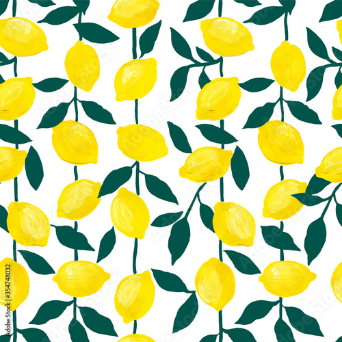 Decorative seamless pattern with yellow lemons on a white background