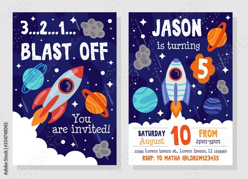 Bright cosmic space party invitation template vector illustration. Blast off flat style. Costume fun party. You invited. Happy birthday concept. Isolated on grey background