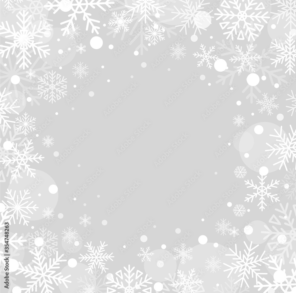 Beautiful fluffy snowflakes flying in air vector illustration. Winter season snowfall texture flat style. Happy holiday and christmas concept. Realistic grey background Beautiful fluffy snowflakes flying in air vector illustration. Winter season snowfall texture flat style. Happy holiday and christmas concept. Realistic grey background