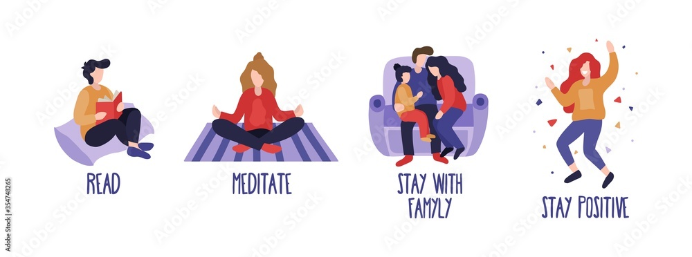 What to do on quarantine at home set with text vector illustration. Collection of advices for spare time flat style. Meditate read stay with family and stay positive. Isolated on white background
