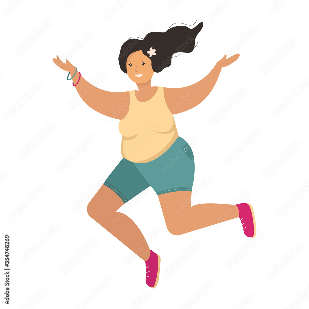 Body positive vector illustration. Plus size woman on white background. Happy overweight girl in flat cartoon style. Body positive vector illustration. Plus size woman on white background. Happy overweight girl in flat cartoon style.