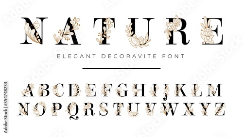 Elegant font with floral decoration on letters vector illustration. Nature inscription with blooming flowers flat style. Alphabet from a to z. Isolated on white background