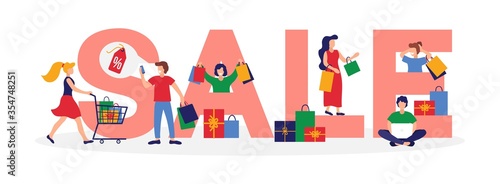 Sale inscription banner with shopping people vector illustration. Big red letters flat style. Price with discount. Colourful boxes with things. Isolated on white background