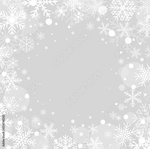 Beautiful fluffy snowflakes flying in air vector illustration. Winter season snowfall texture flat style. Happy holiday and christmas concept. Realistic grey background