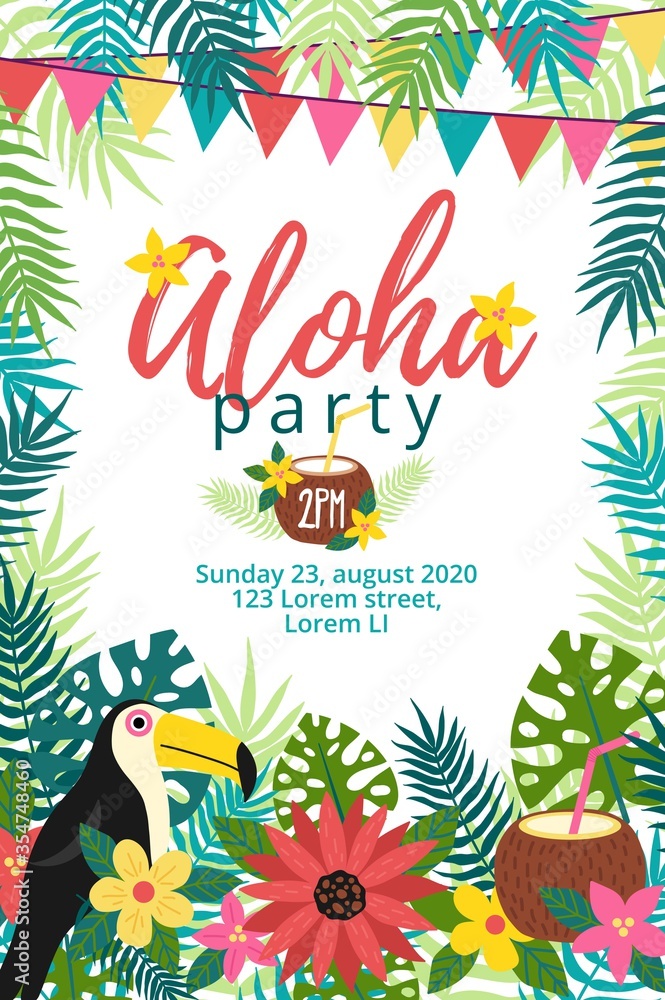 Fototapeta Aloha party tropical invitation with bird vector illustration. Card with animal and festive inscription flat style. Floral decor with garland. Joy and relax event. Celebration concept