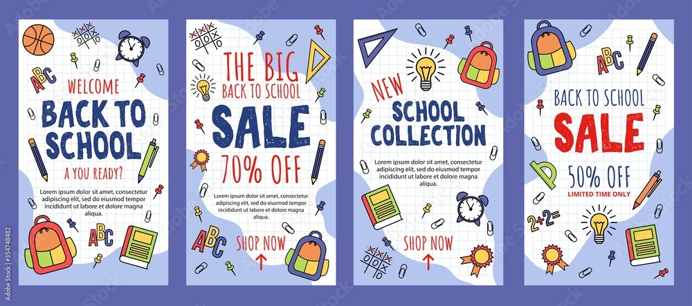 Back to school sale banner template collection vector illustration. Limited time only flat style. Discount on school supplies. Welcome to school. Education concept. Isolated on blue background