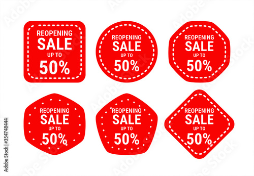 set of Re opening sale badge sign of store. after covid-19 lockdown over. new normal, keep distance