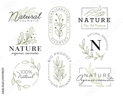 Elegant cosmetics labels with inscriptions vector illustration. Modern design for cosmetology products flat style. Pastel colour with texts. Isolated on white background