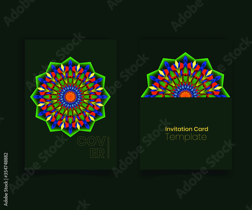  Modern Invitation card design with green colorful vector mandala