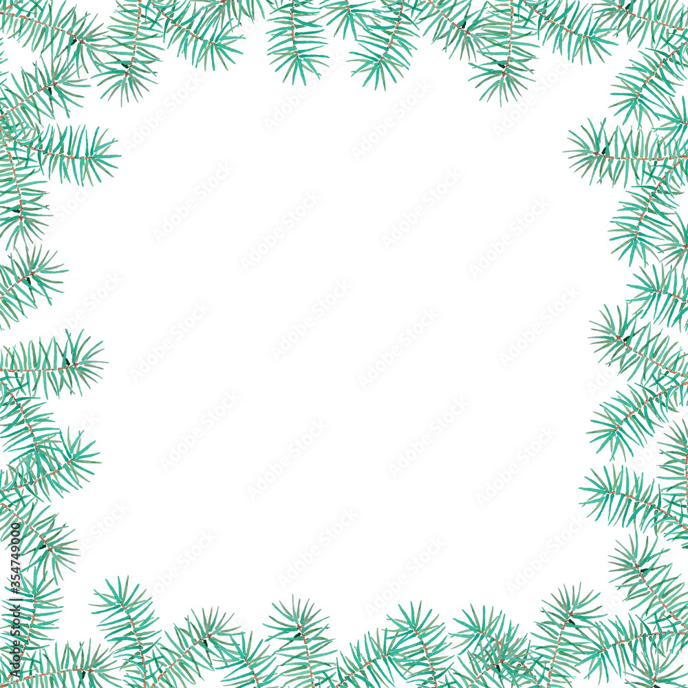 Green christmas frame, watercolor Christmas tree, branch Green christmas frame, watercolor Christmas tree, branch
