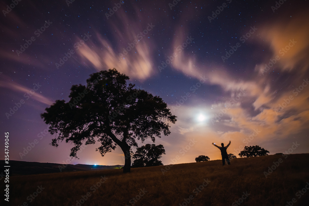 Night landscape with trees and clouds blurred by the wind and stars.