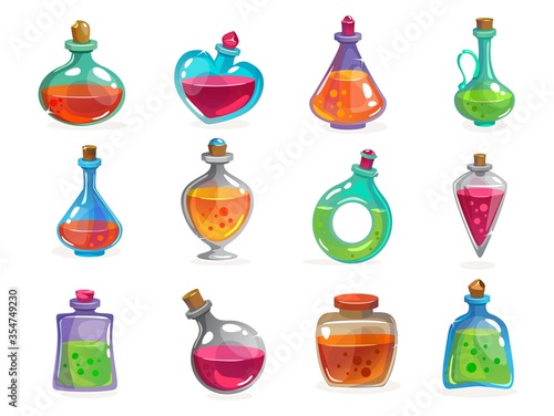 Magic bottles with potion set on white background vector illustration. Collection of containers with magical elixir. Jars with colourful liquid for transformations