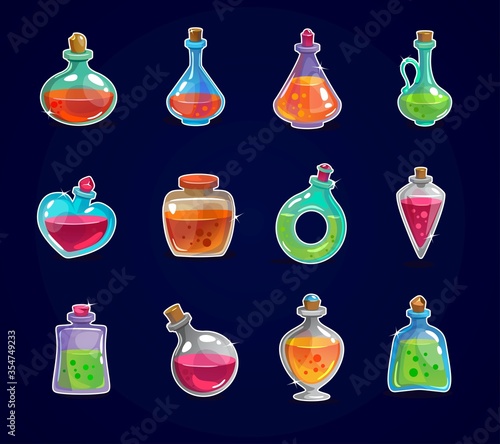 Magic bottles set with elixir on dark background vector illustration. Collection of phials of different shapes with magical potions. Isolated on deep blue backdrop
