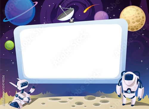 Space card with aliens on cosmic background vector illustration. Template with empty white screen and planets, comet, stars on backdrop. Blank place for text