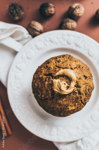 cake muffin cinnamon walnuts on a plate  glutenfree vegan sugarfree peanut butter