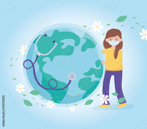 girl with medical mask and healthy world stethoscope, save the planet protection against coronavirus covid 19, protect nature and ecology concept