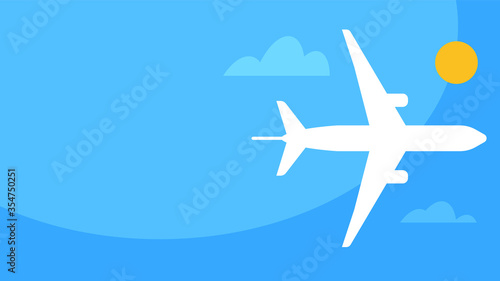 Plane in the sky. Abstract sky with clouds and a flying plane. Vector illustration with copy of space.