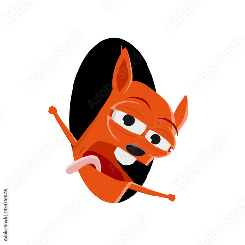 funny vector illustration of a tired cartoon squirrel looking out of a hole