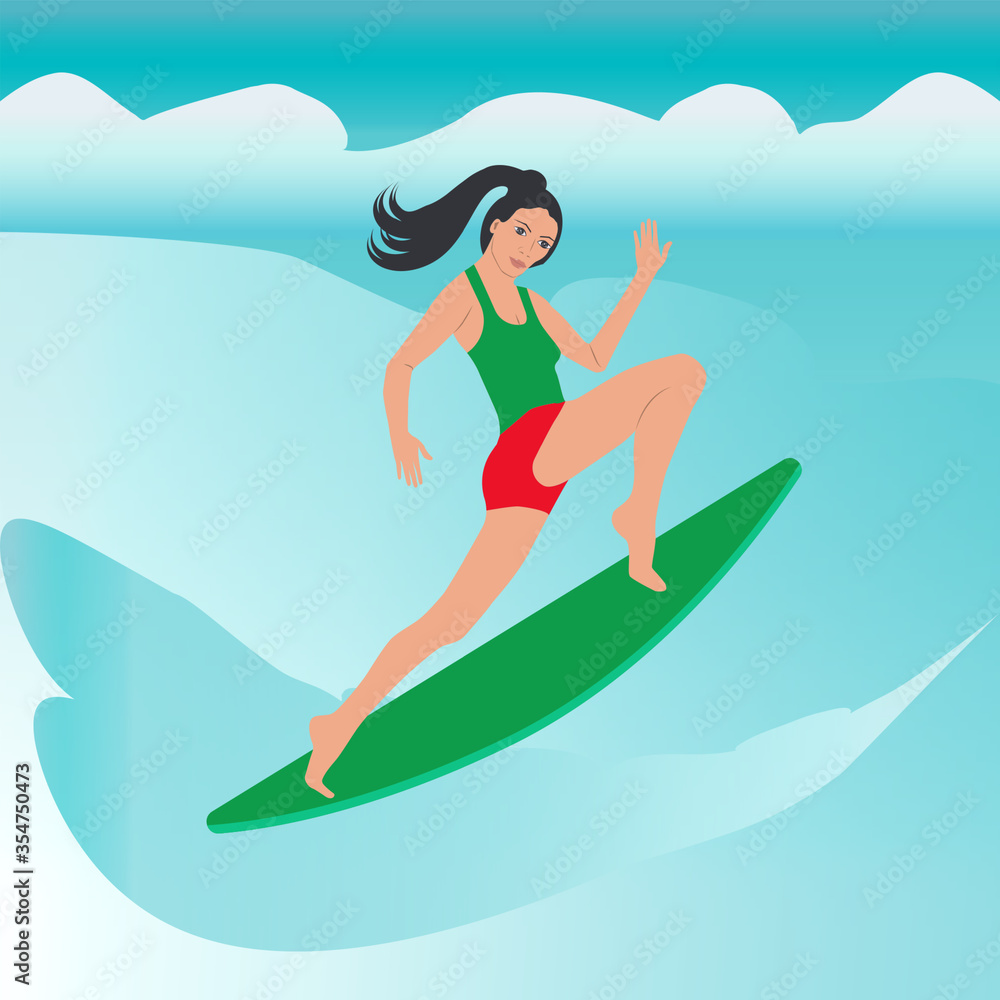 Surfer - seascape, wave, clouds - vector. Travel. Mental health