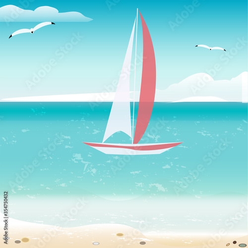 Seascape - sailing boat, seagull, wave, clouds, shore - vector. Travel