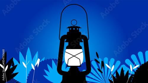 Vintage lantern. Lantern among abstract plants: leaves, bushes, branches, grass. Light in the middle of the night. Vector illustration for postcard, banner or blog.