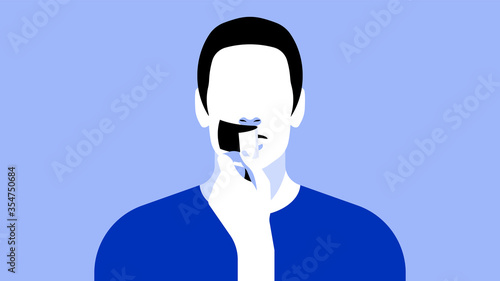 Man with a sealed mouth. Portrait of a man with tape on his lips. The concept of the right to vote, right to speak, vote, journalistic ethics and freedom of speech.