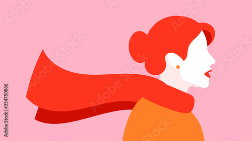 Abstract art poster with silhouette of woman in scarf. Red haired woman in red scarf. Concept of autumn, wind, style.