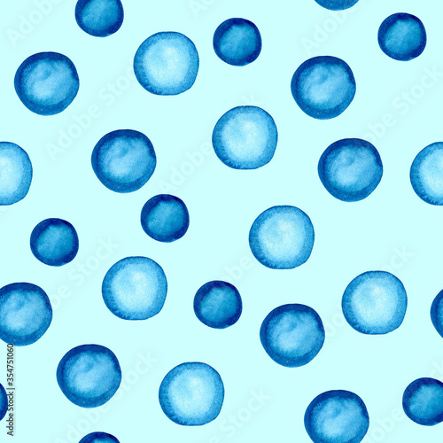 Water drops background, watercolor blue balls on blue background , seamless pattern 