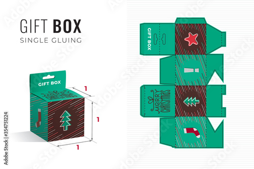 Merry Christmas Hanging Gift Box Die Cut Cube Template with 3D Preview - Black Blueprint Layout with Cutting and Scoring Lines over Brown Calligraphic Lettering on Green - Packaging Design