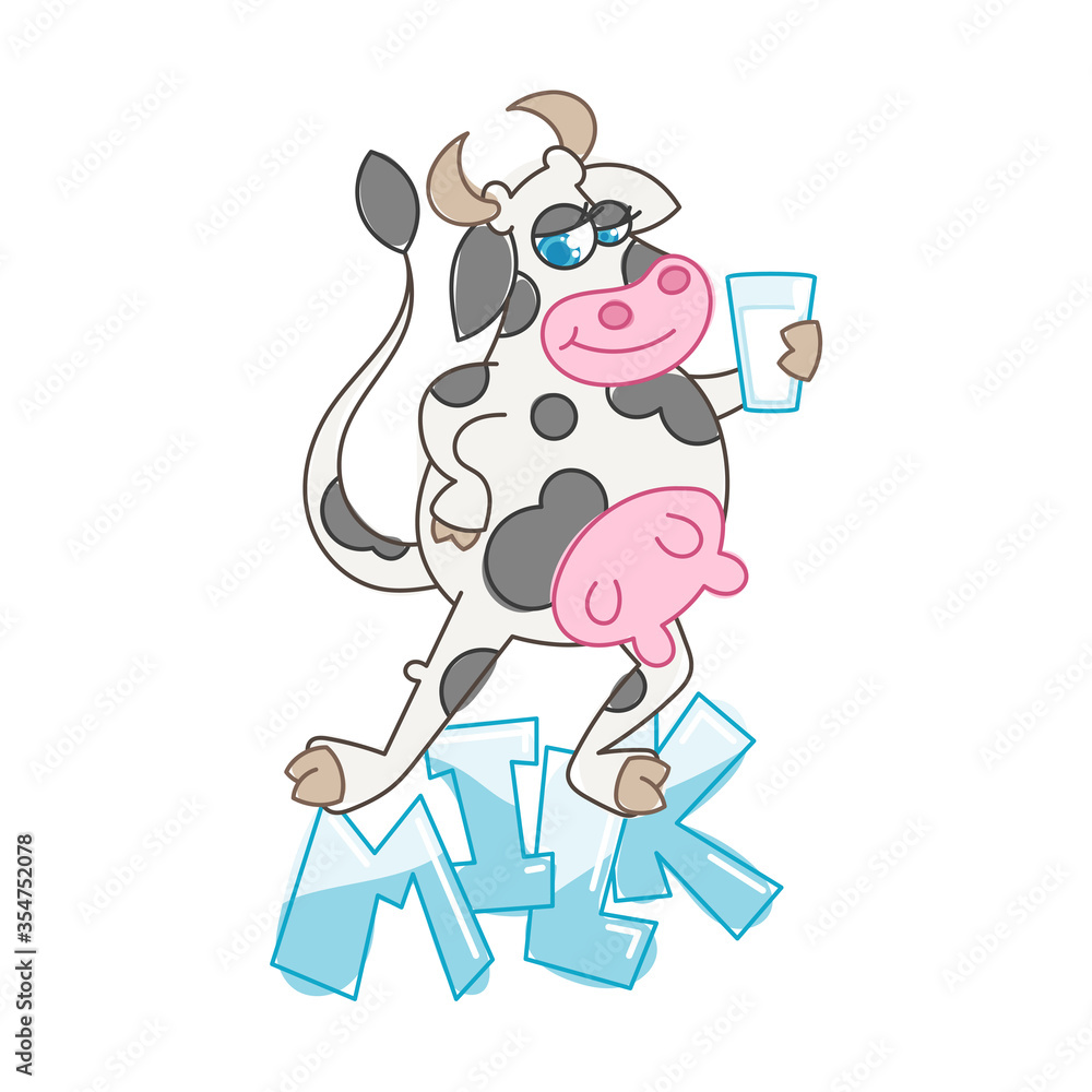 Happy cartoon smiling cow with a glass of milk Happy cartoon smiling cow with a glass of milk