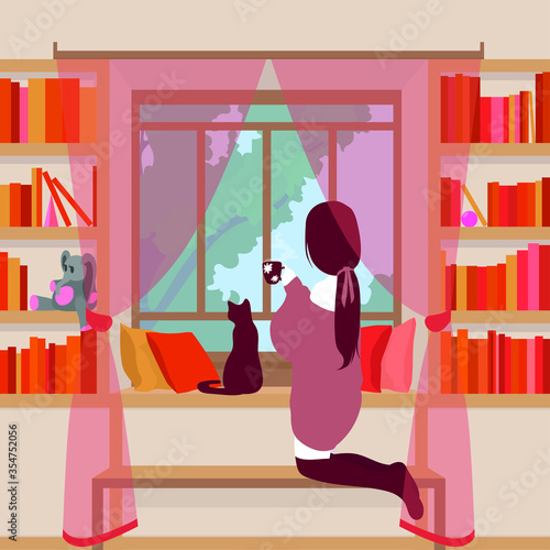 Girl watch out of window with cat. Girl drinks tea or coffee. Little library with big window. Comfortable place with pillows. Stay at home