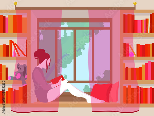 Girl is reading book at home. Little library with big window. Comfortable place with pillows. Stay at home