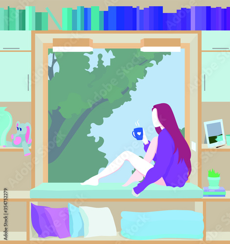 Girl drinks tea or coffee. Little library with big window. Comfortable place for spending time. Stay at home