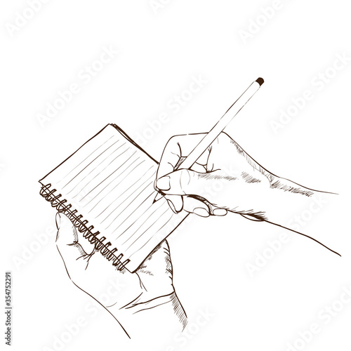 Vector illustration.One hand holds a note. On the other hand, holding a pencil is taking notes.On isolated white bacground.Education concept.