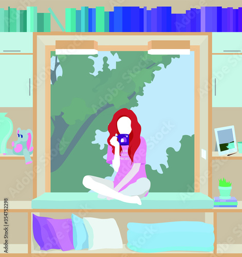 Girl drinks tea or coffee. Little library with big window. Comfortable place for spending time. Stay at home