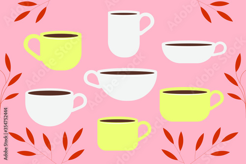 A set of cups of different shapes. Yellow cups, white cups. Framing leaves