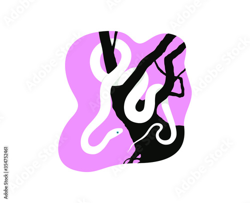 white snake on a dry tree. snake with blue eyes. pink background.