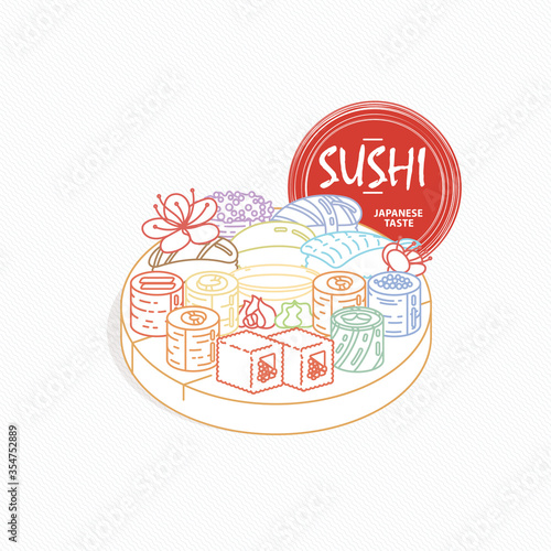 Sushi. Japanese food. Rolls with fish and caviar on eco plate, chopsticks, ginger and soy sauce. Delicious art for restaurant and bar menu, booklets or prints