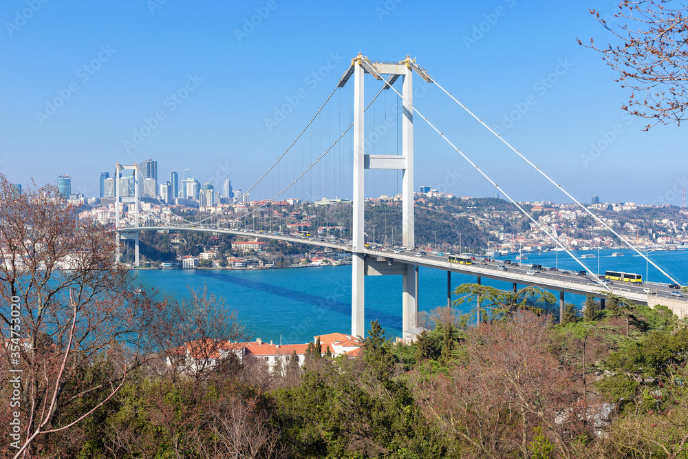 Uskudar, ISTANBUL - February 17, 2019 : Istanbul Bosphorus Bridge. General view of the Anatolian side and the European. TURKEY