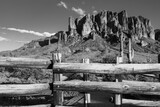 Black and white landscape of mountains, fence and saguaro