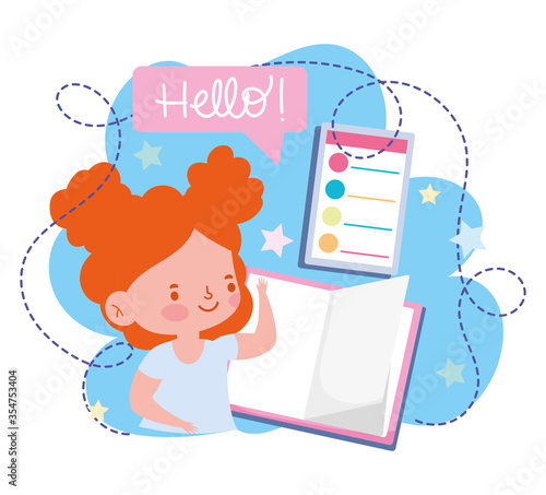 online education, student girl waving hand book and smartphone, website and mobile training courses