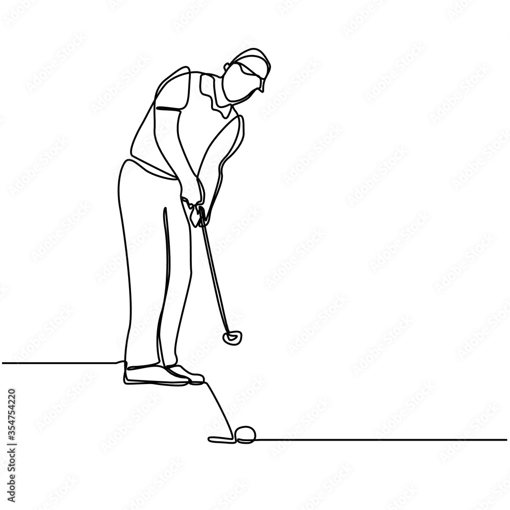 Continuous line drawing of male golfers playing golf. Male golf player