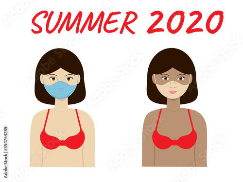 Young tanned woman in a red bikini with a problematic face from the sun, a tan in the form of a medical mask. Life after an epidemic. The concept of coronavirus.