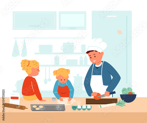 Cute kids in aprons cooking together in the kitchen. Boy making salad, girl making cookies. Brother with sisters. Flat vector illustration.