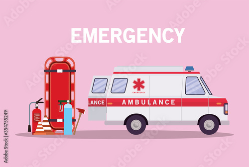 Ambulance stretcher extinguisher cones axe and oxygen cylinders vector design
