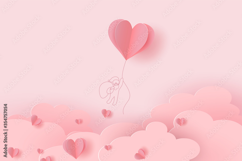 Heart flying balloon with drawing Santa Claus on pink background. Vector love postcard for Happy Valentine Day or Merry Christmas greeting card design. Paper flying elements of love shape of heart