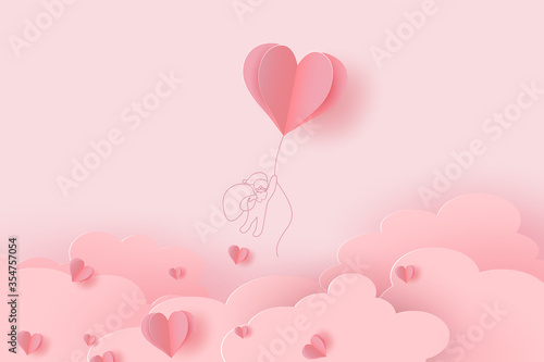 Heart flying balloon with drawing Santa Claus on pink background. Vector love postcard for Happy Valentine Day or Merry Christmas greeting card design. Paper flying elements of love shape of heart